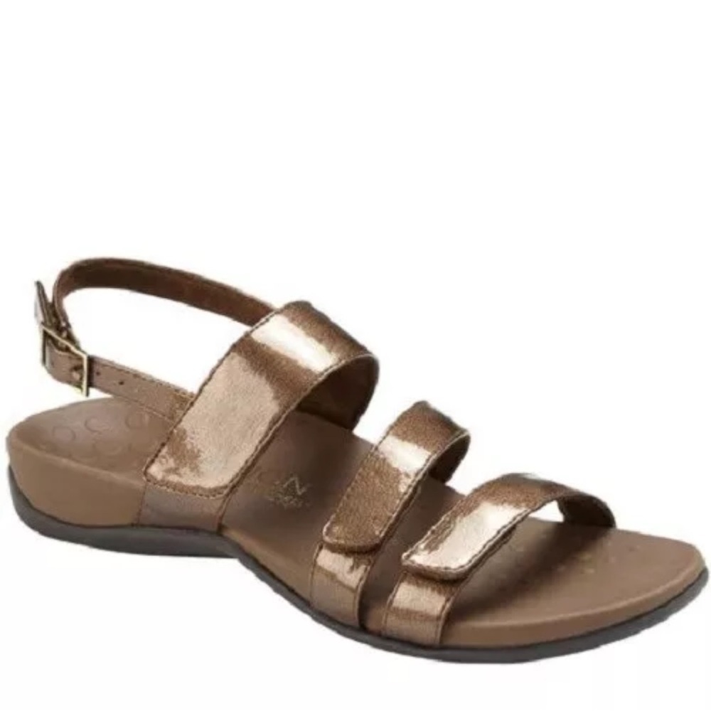 Vionic NEW Teagan 3 Strap Patent Bronze Faux Leather Adjustable Sandals Slides 8